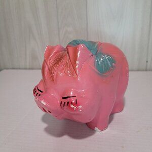 Vintage Chalkware Childs Piggy Bank Pink Bow Hand Painted 1950’s